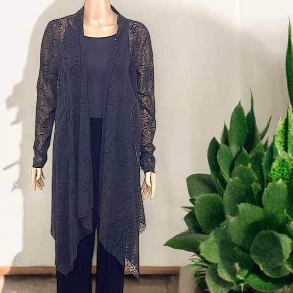Bianca Nygard Black Sheer Open Front Sparkly Rosette Emboss Mesh Cardigan - Picture 5 of 17